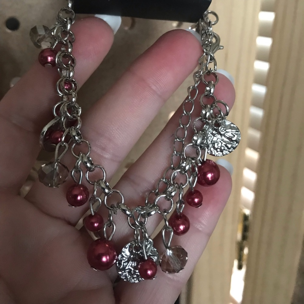 Silver bracelet w/brick red matte and silver beads